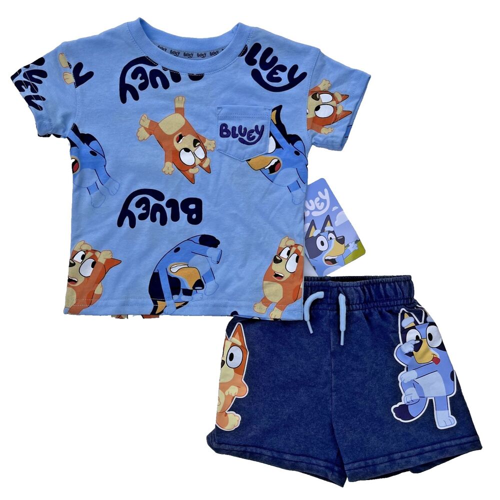 Bluey Bingo Two Piece Set Short Sleeve Shirt and Shorts Clear Sky Size 12M NWT